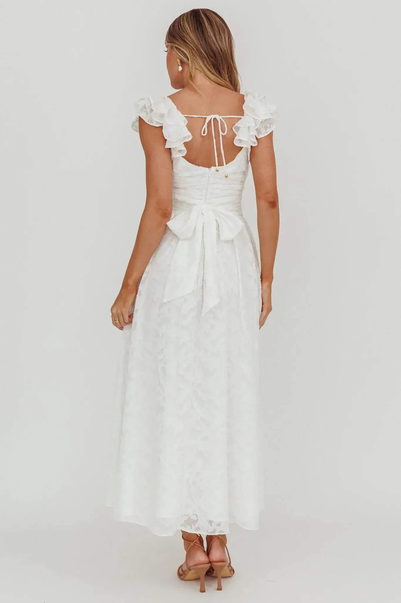 Lola Ruffle Shoulder Maxi Dress Textured White - luluinthesky