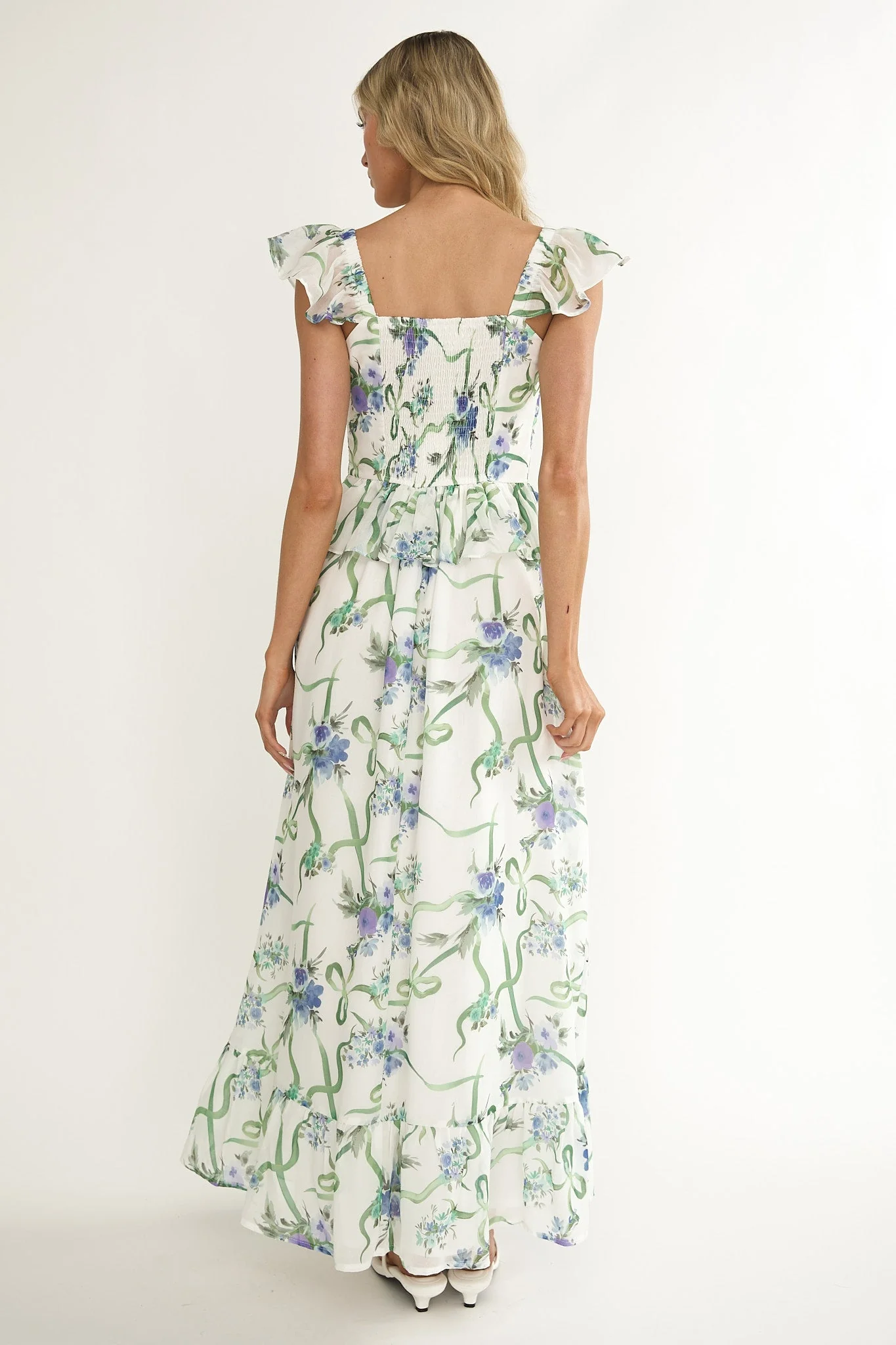 Hanalei Off-Shoulder Tied Bust Maxi Dress Floral White