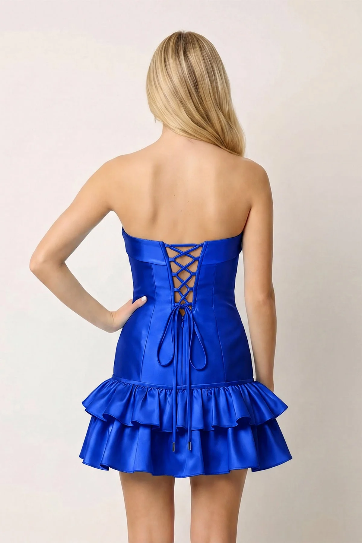 Turquoise Ruffled Strapless Tiered A-Line Satin Homecoming Dress