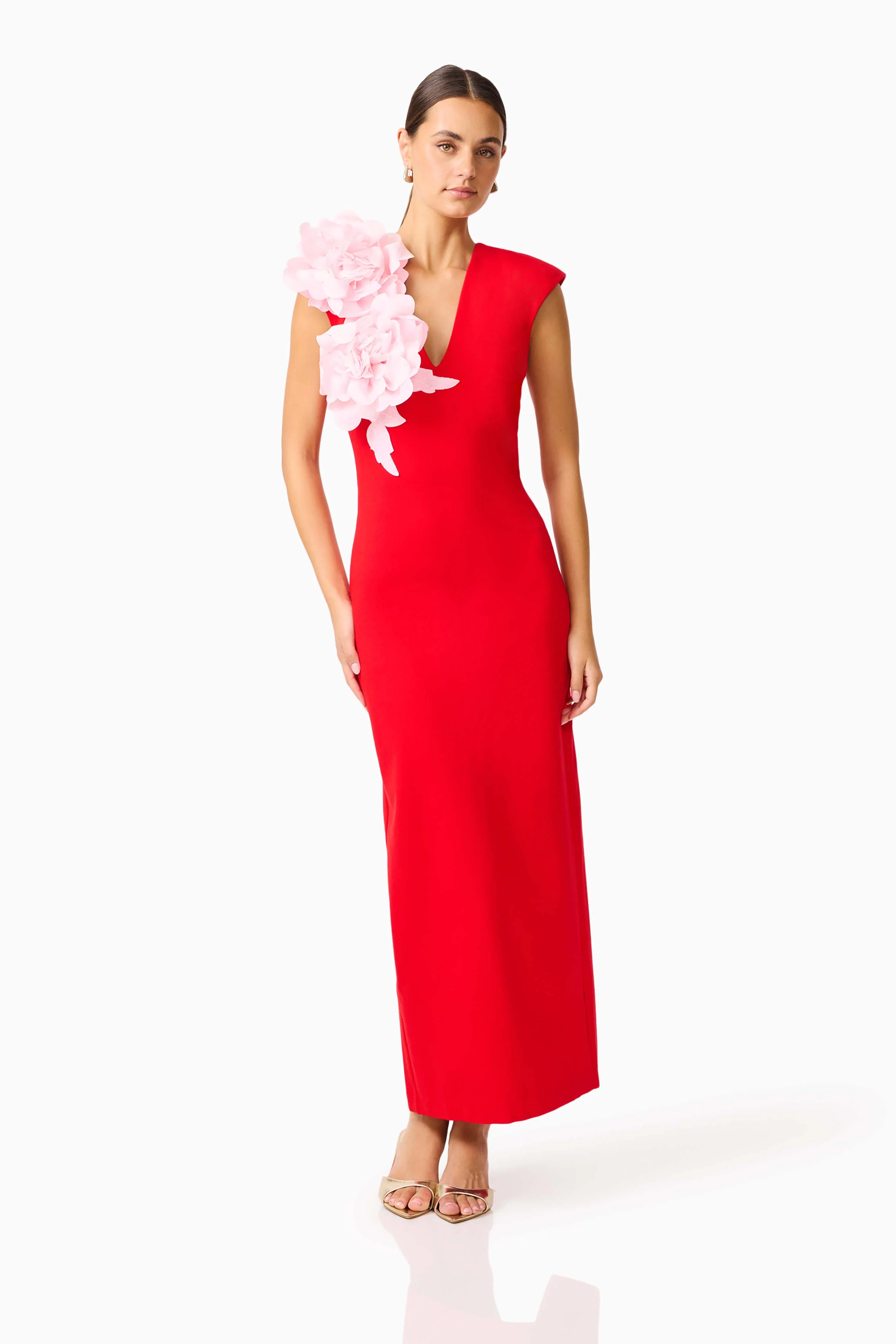 Zahara V-Neck Gown in Red & Pink
