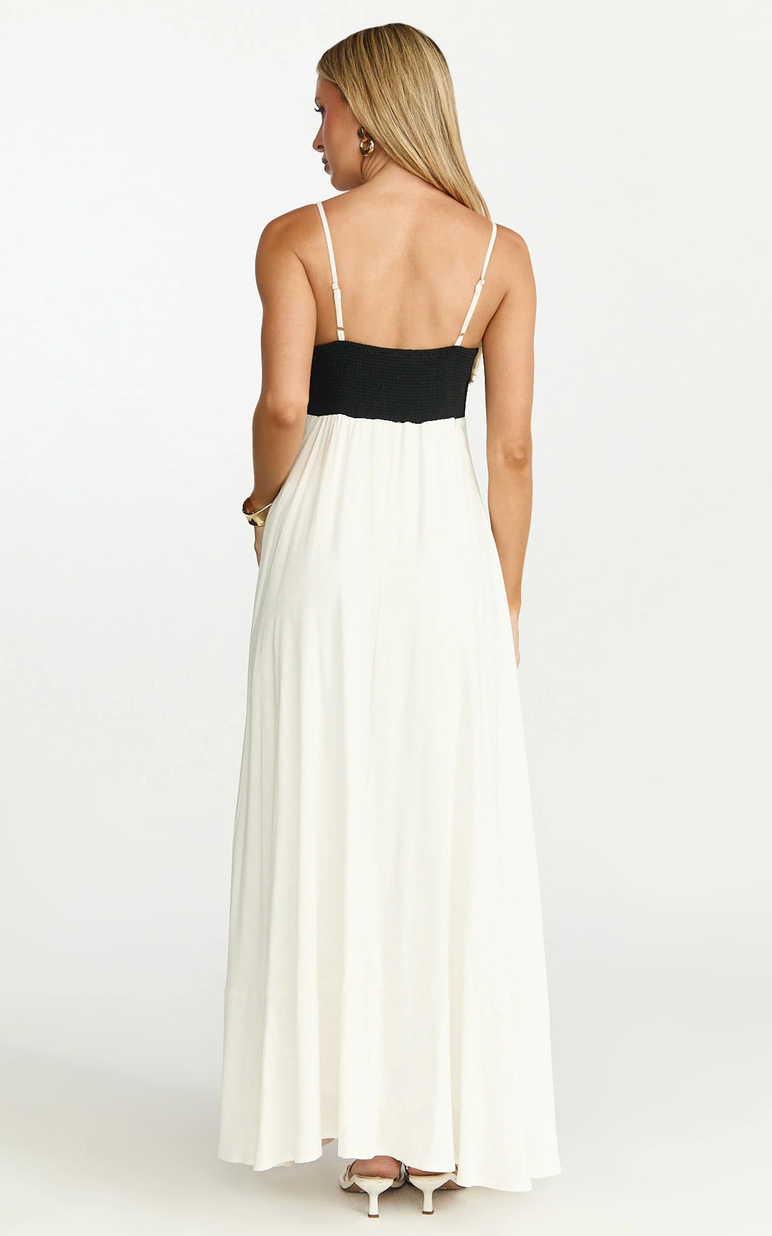 Katrien Maxi Dress - Strappy Empire Waist Flare Dress in Black & White