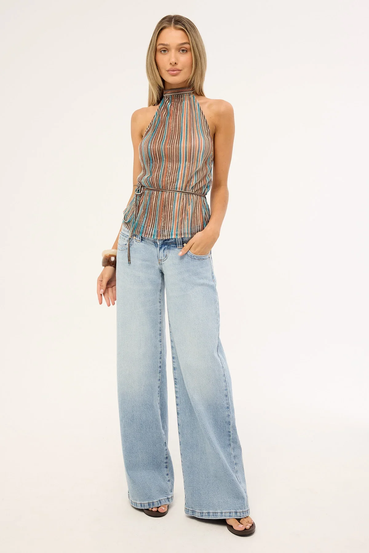 Motel Brienne Top Blue and Brown Shimmer Sheer Plisse
