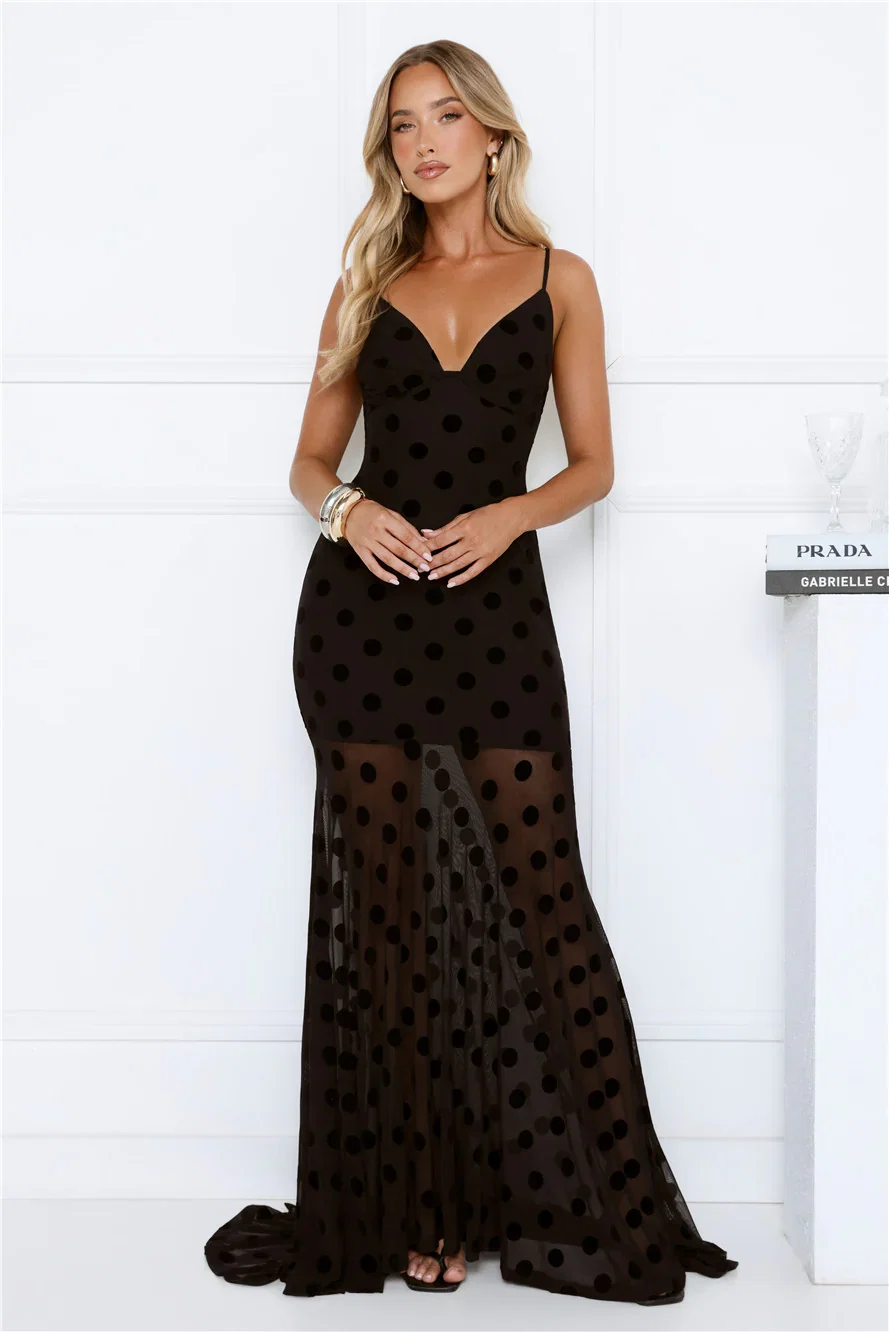 Sultry Polka Dot Velvet Maxi Dress Black