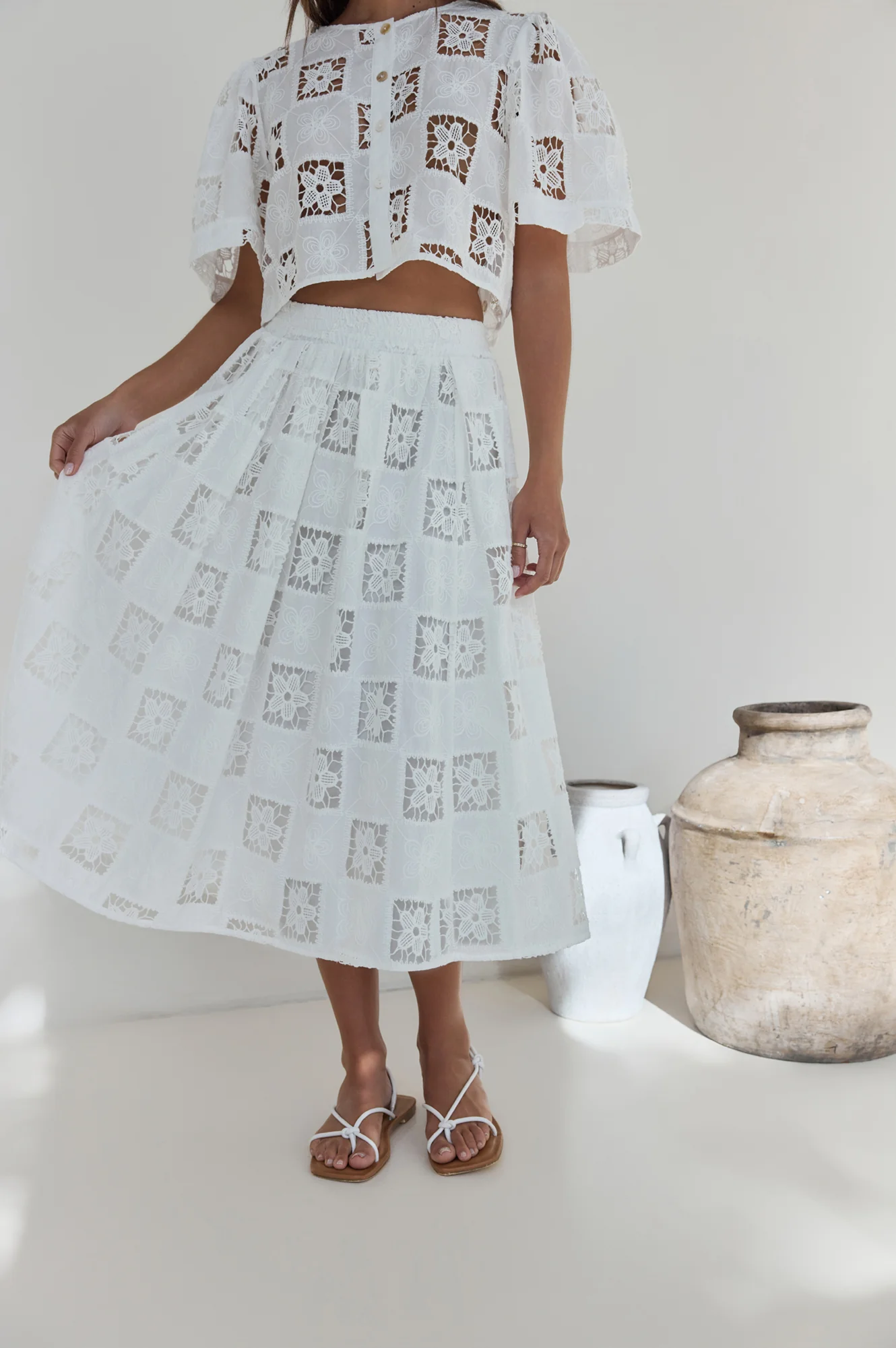 Andolina Crochet Lace Midi Skirt White