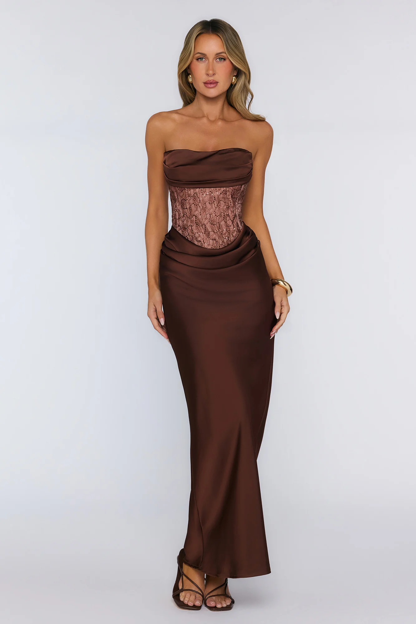 Wave Of Love Strapless Lace Satin Maxi Dress Chocolate