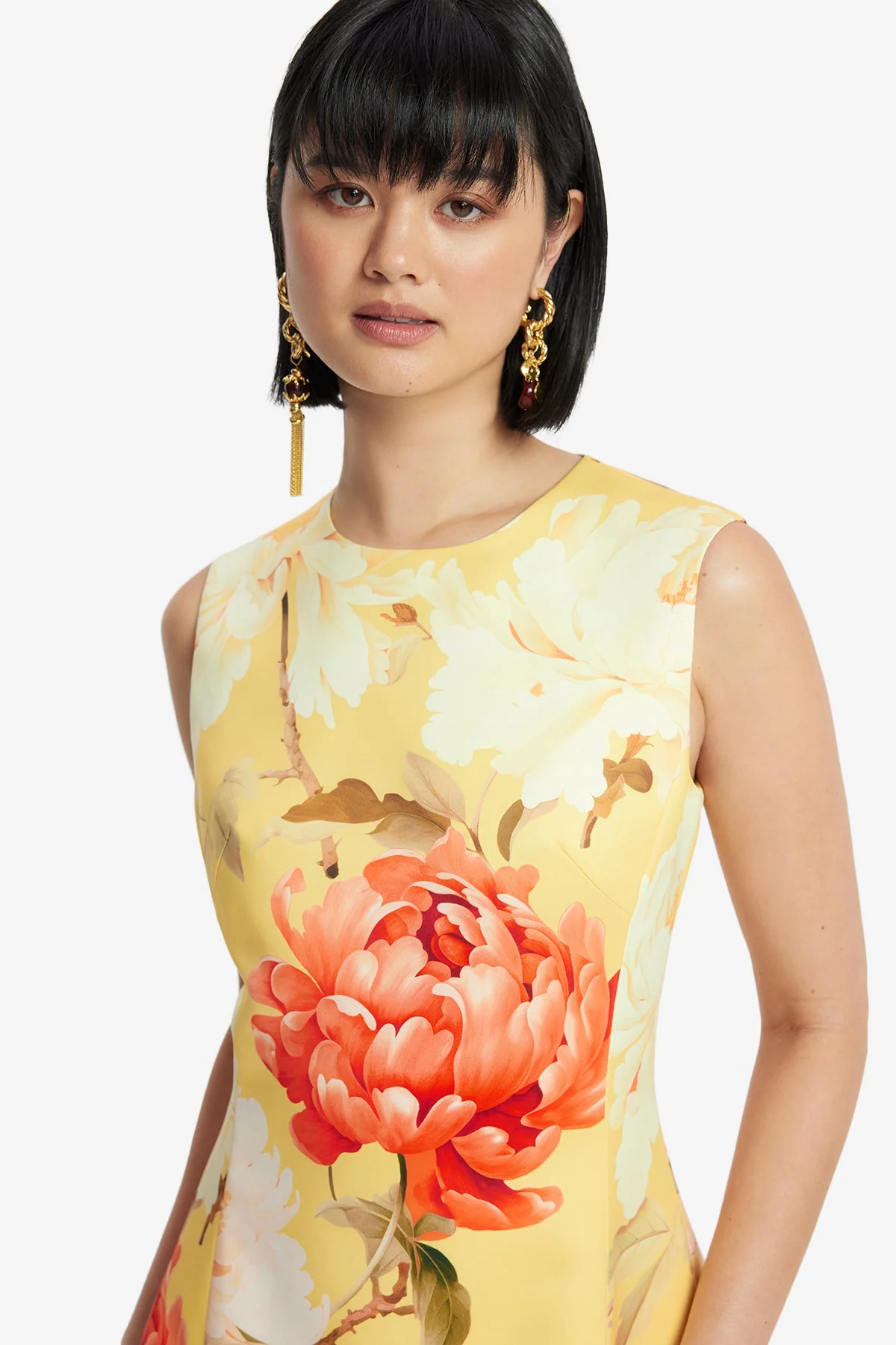 Cleo Sleeveless Midi Dress - Peony Print in Yellow