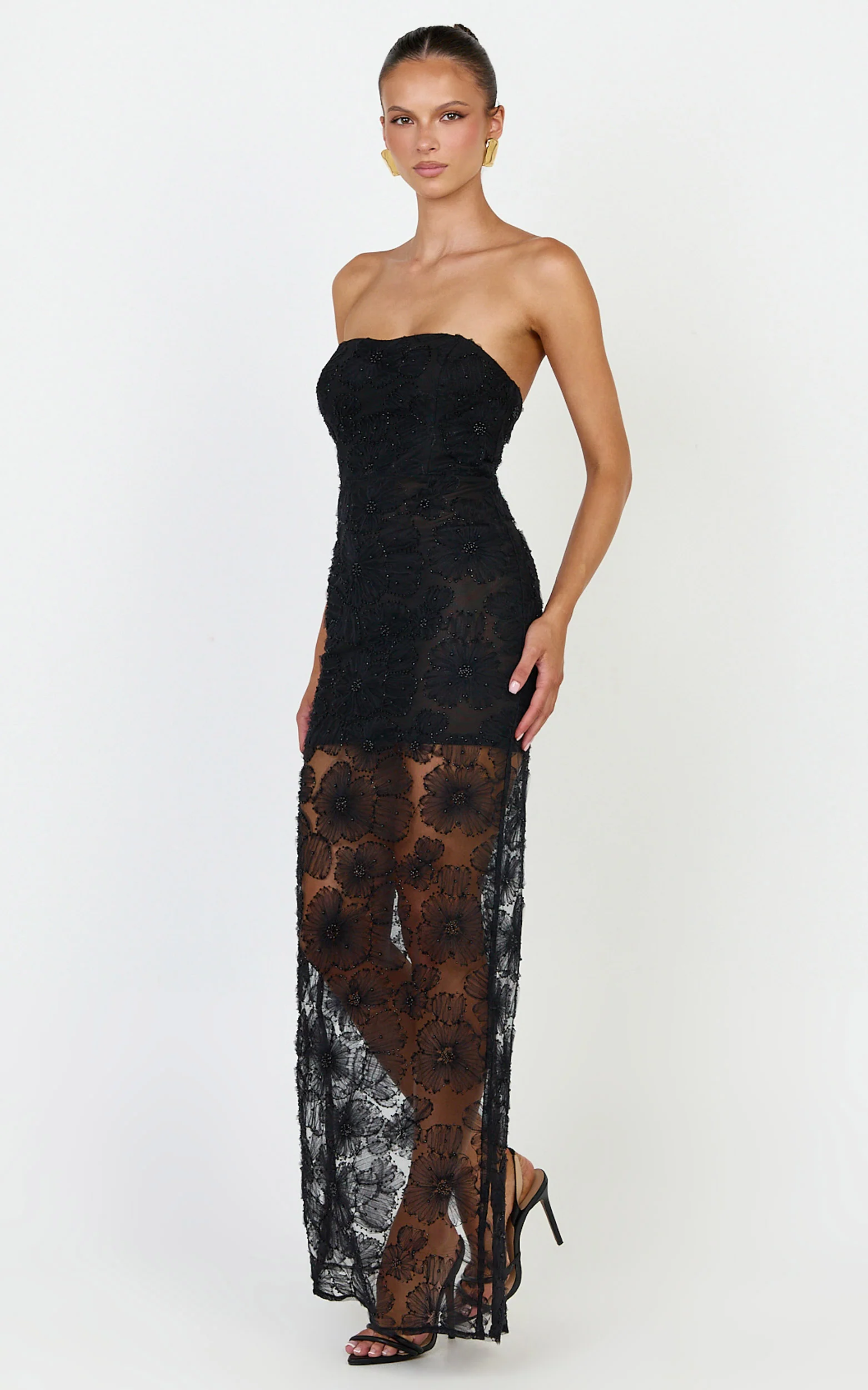 Lima Maxi Dress - Strapless Floral Embellished Column Dress in Black