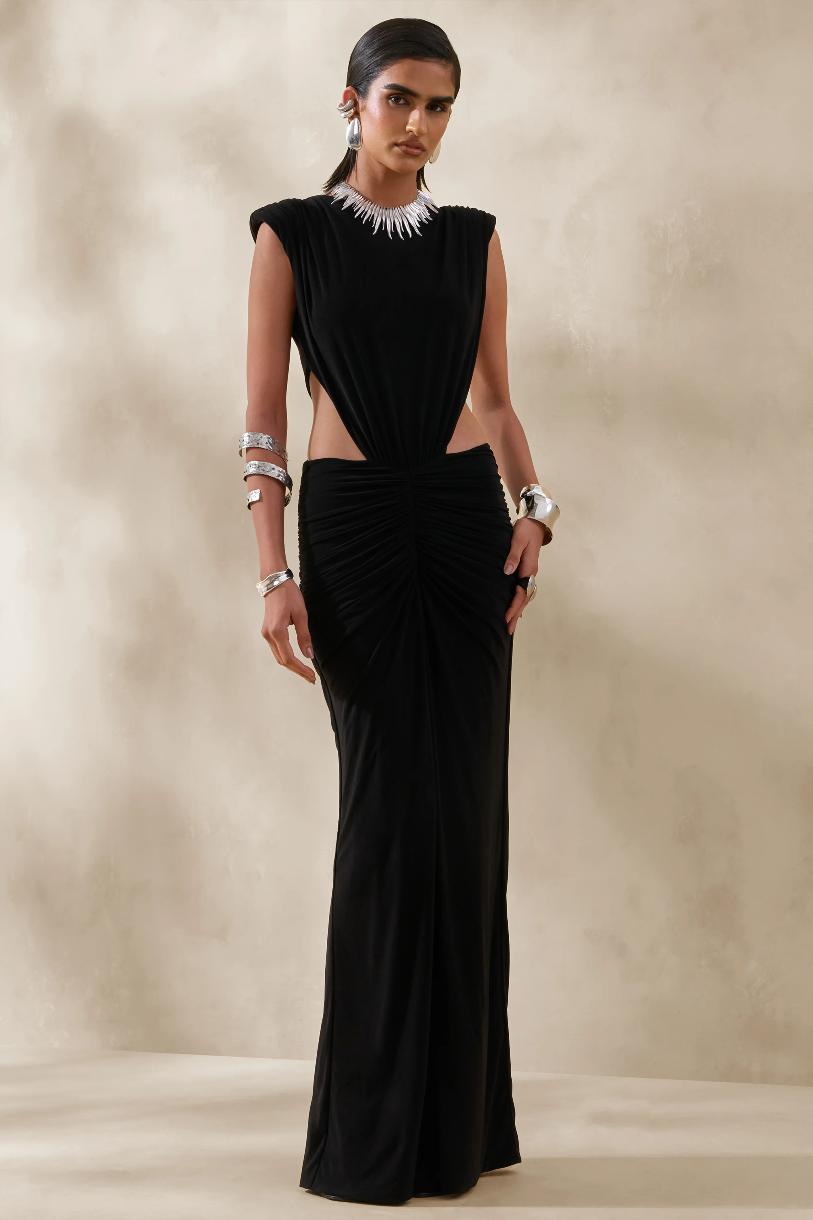 Imelda | Black Boat-Neck Maxi Dress With Body Cut-Out Details