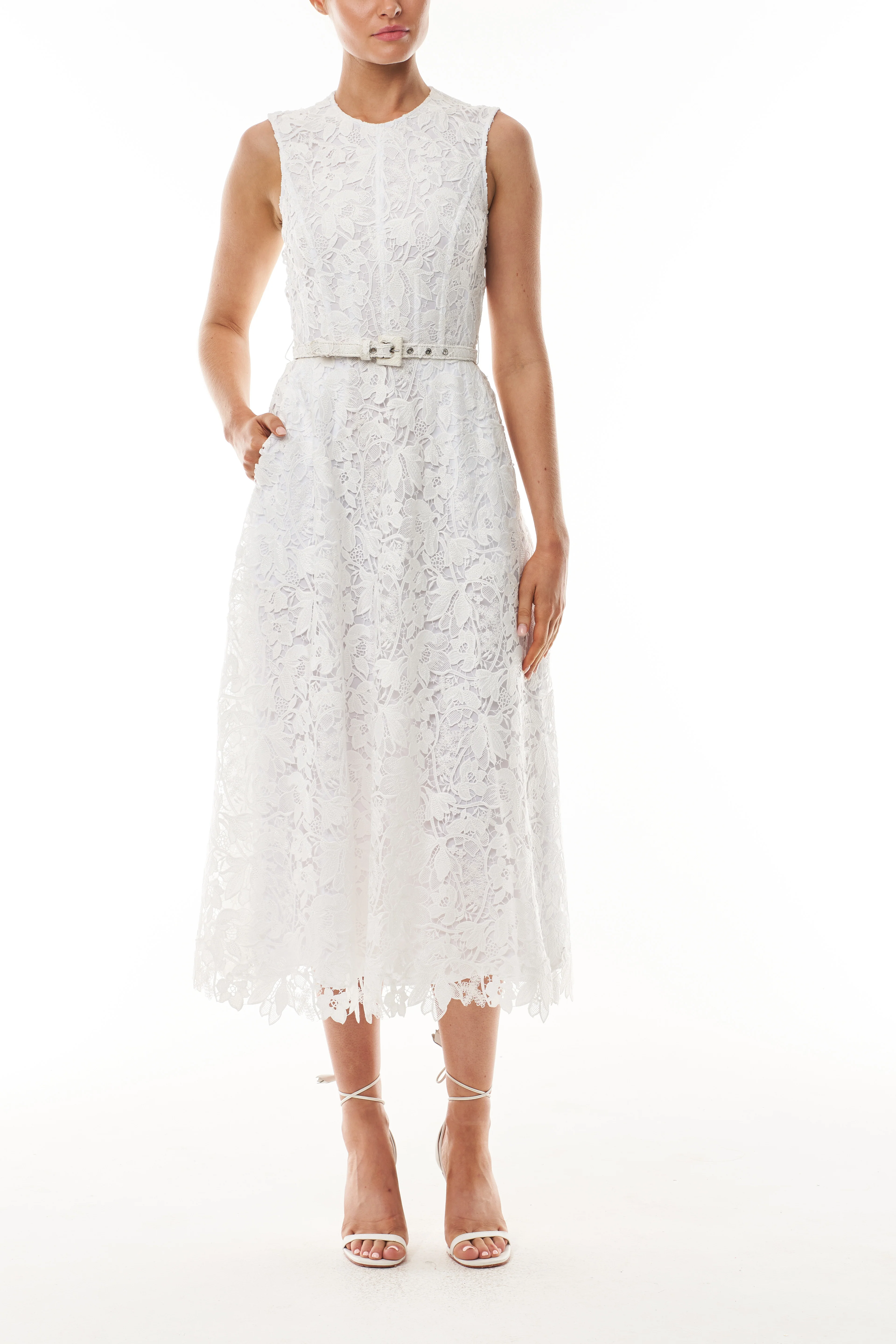 Silk White Belted Lace Dress