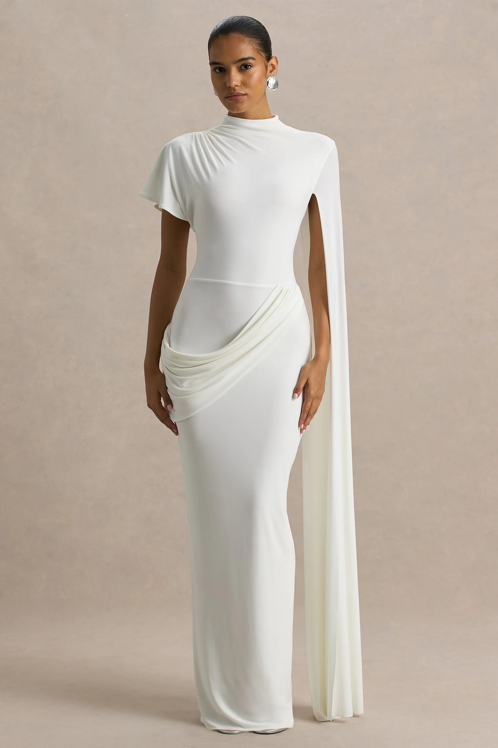 Tropic | White High-Neck Maxi With Long Cape Sleeve