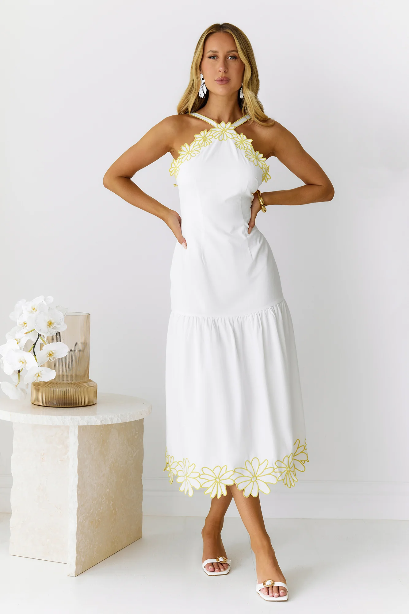 Golden Petals Midi Dress White - luluinthesky