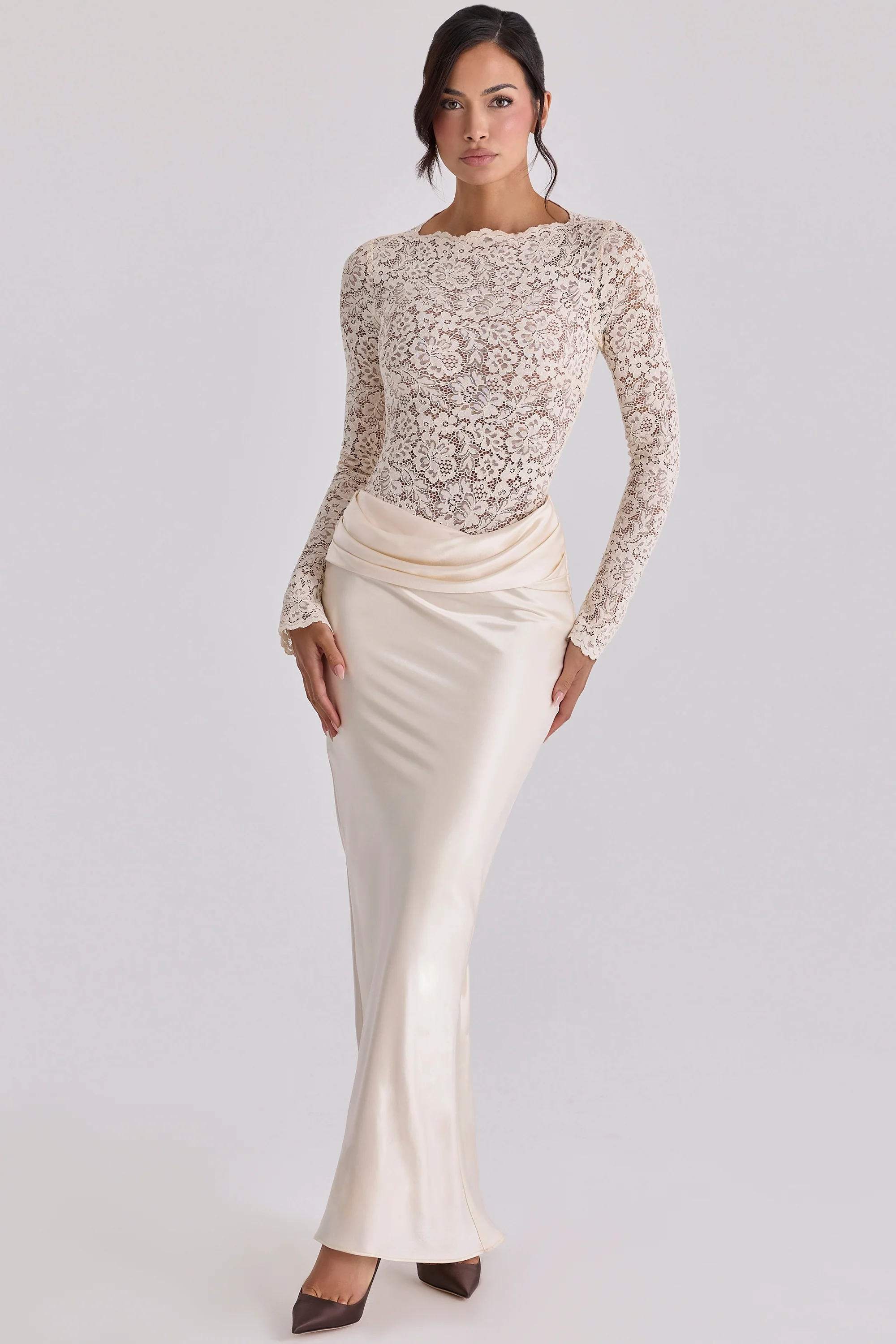 Vintage Ivory Satin Draped Maxi Skirt