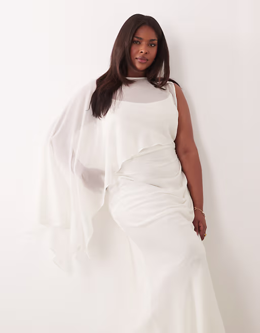 Curve draped batwing asymmetric one sleeve maxi dress in ivory