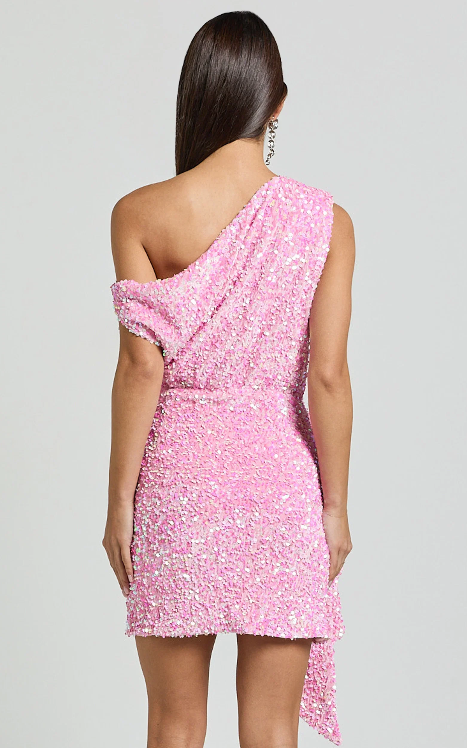 Tonya Mini Dress - Sequin Drape One Shoulder Dress in Pink