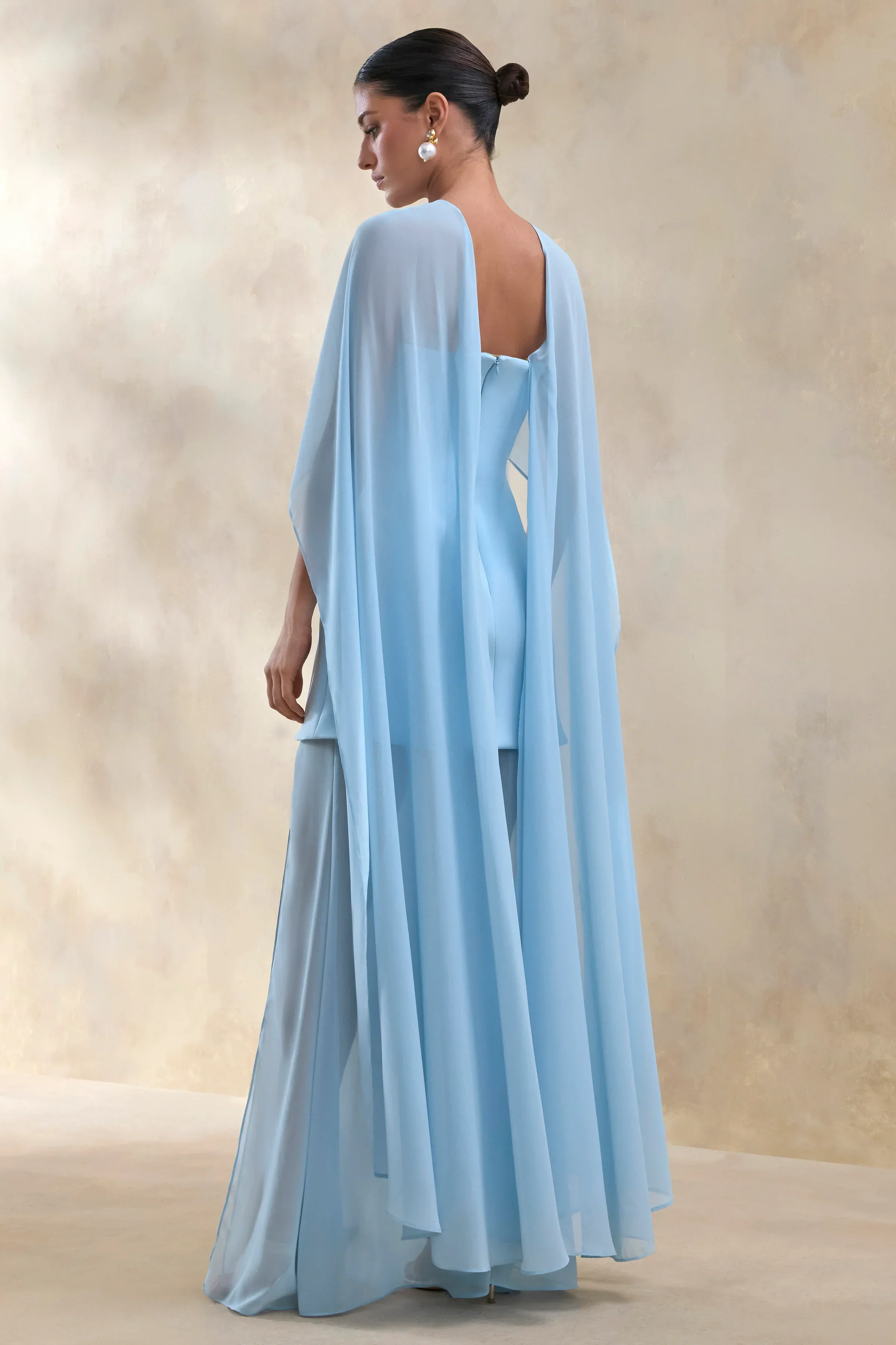 Chessa | Powder Blue Boat-Neck Maxi Dress With Sheer Cape