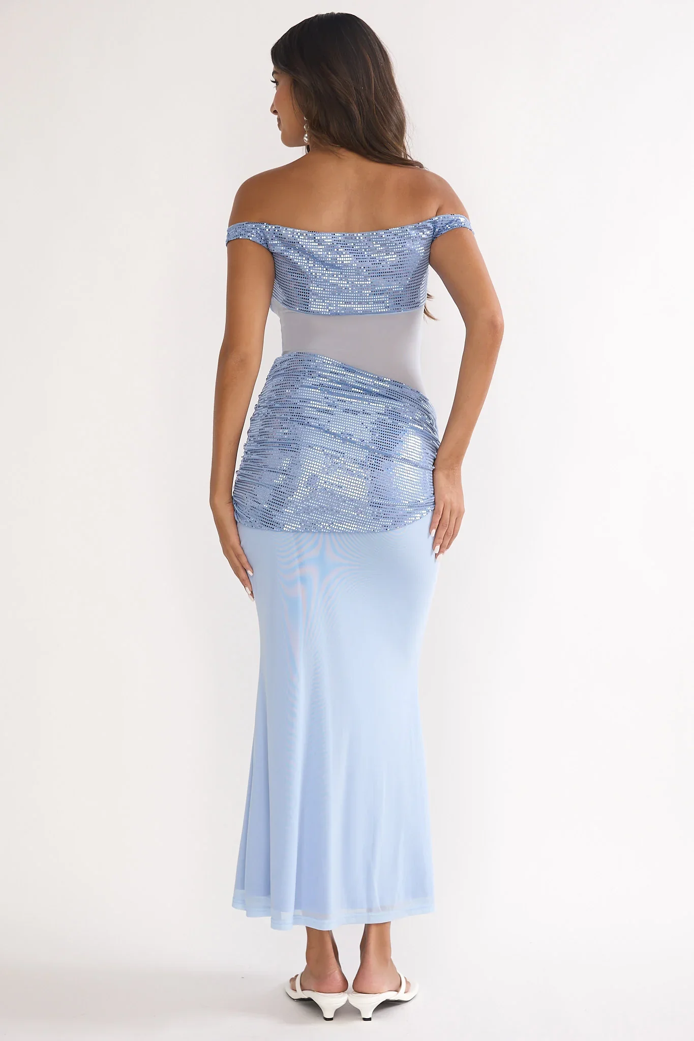 Bellora Off-Shoulder Sequin Trim Maxi Dress Blue