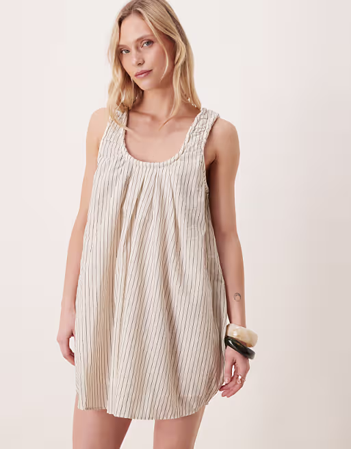 Petite scoop ruched neck mini dress in stripes