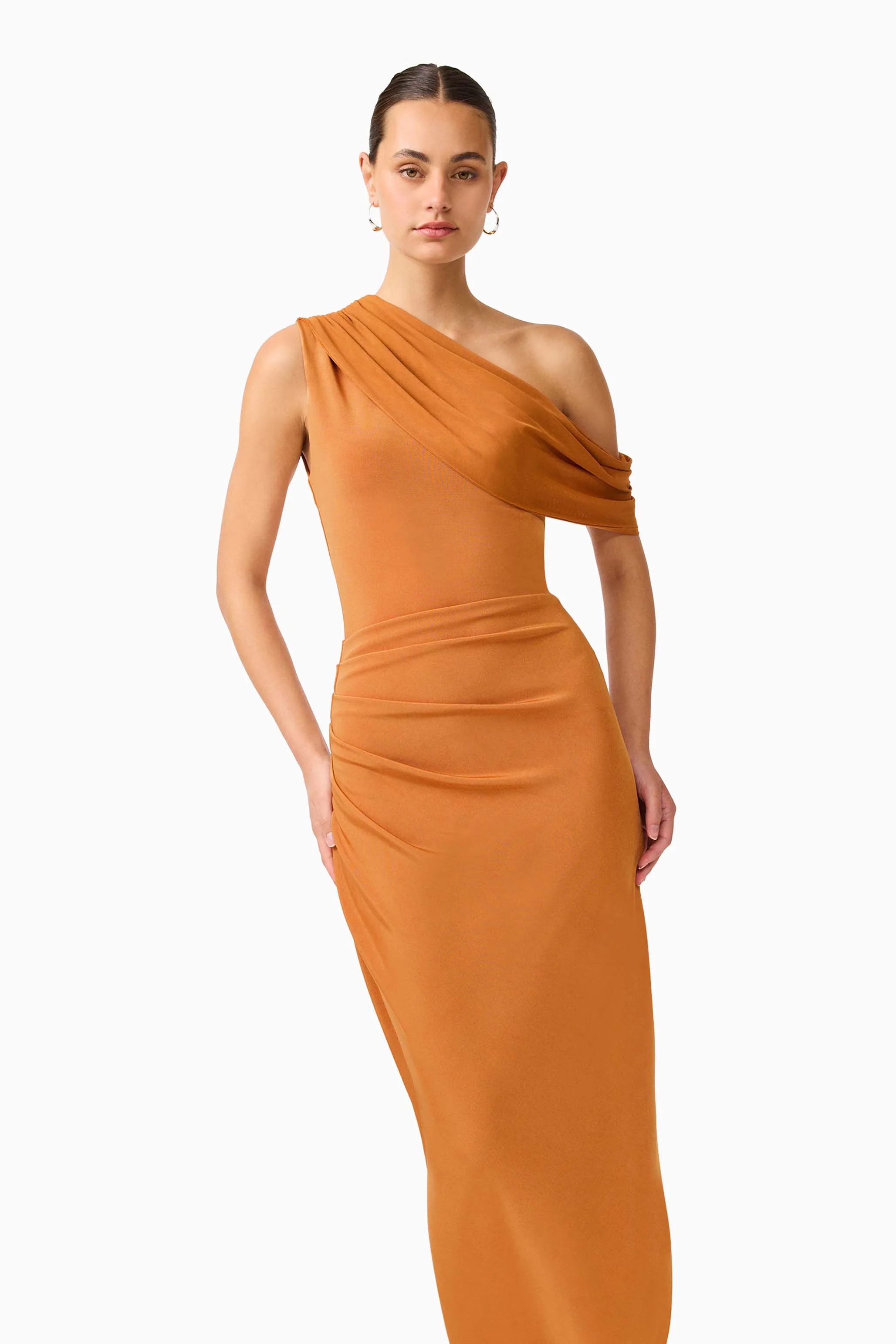 CURAAE Roya Off Shoulder Maxi Dress in Caramel Brown