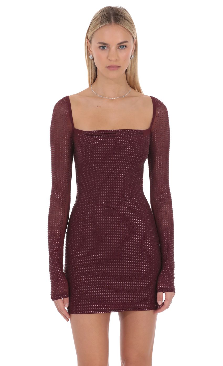 Rhinestone Long Sleeve Mini Dress in Maroon
