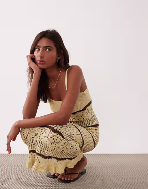 Miss Selfridge striped crochet midi dress in butter
