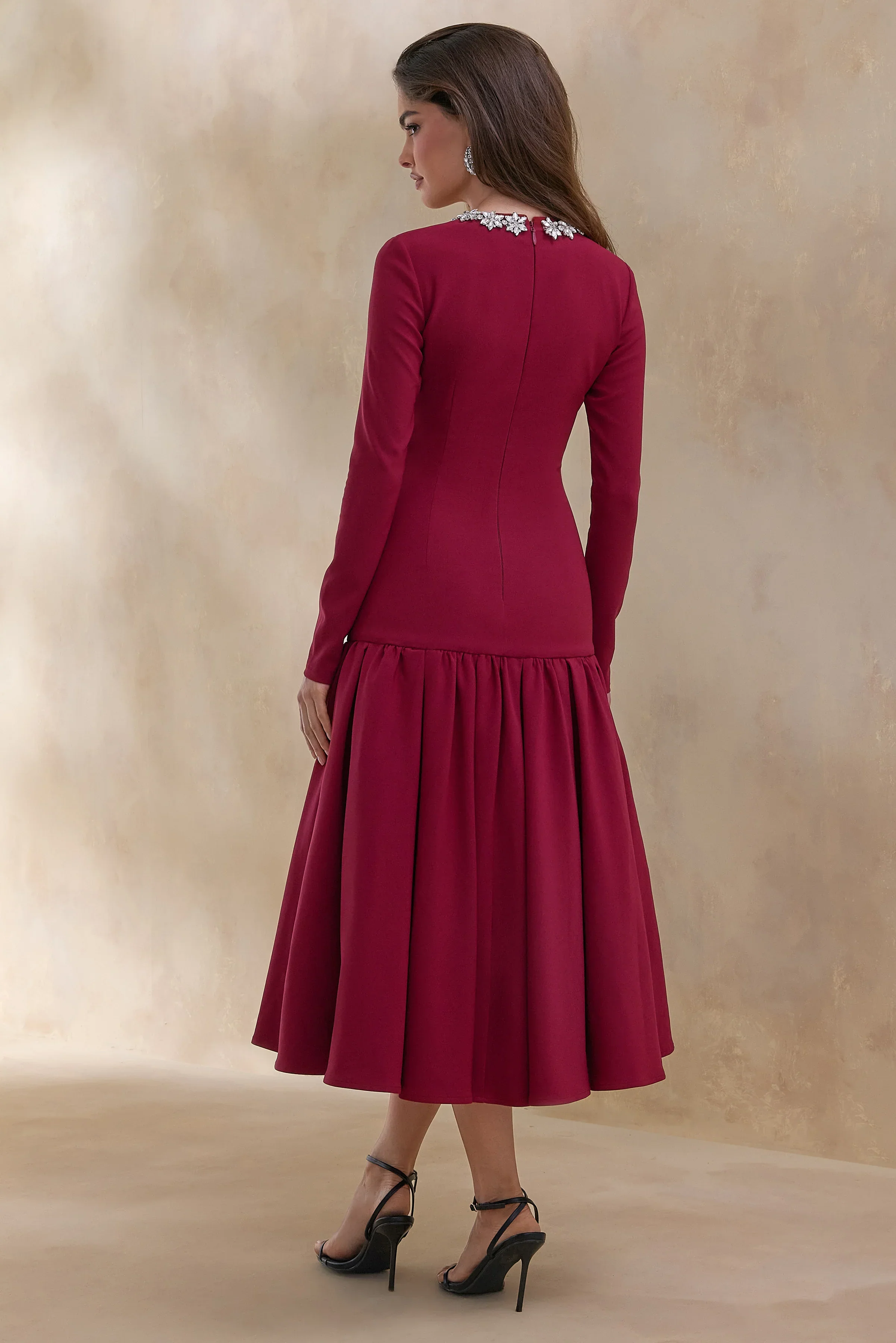 Jovana | Burgundy Hand-Embellished Crew-Neck Midi Dress With Drop Waist