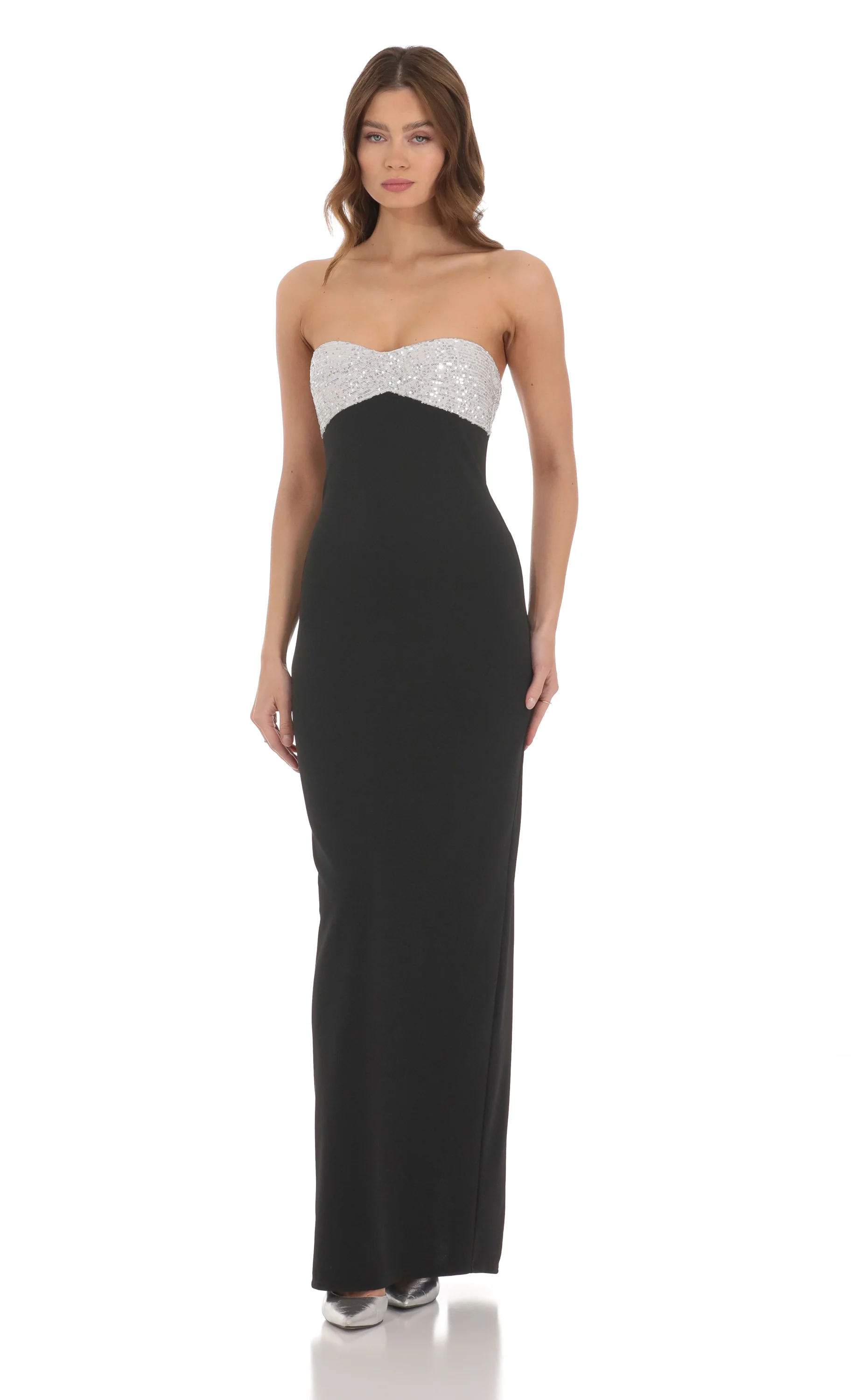 Strapless White Sequin Maxi Dress in Black