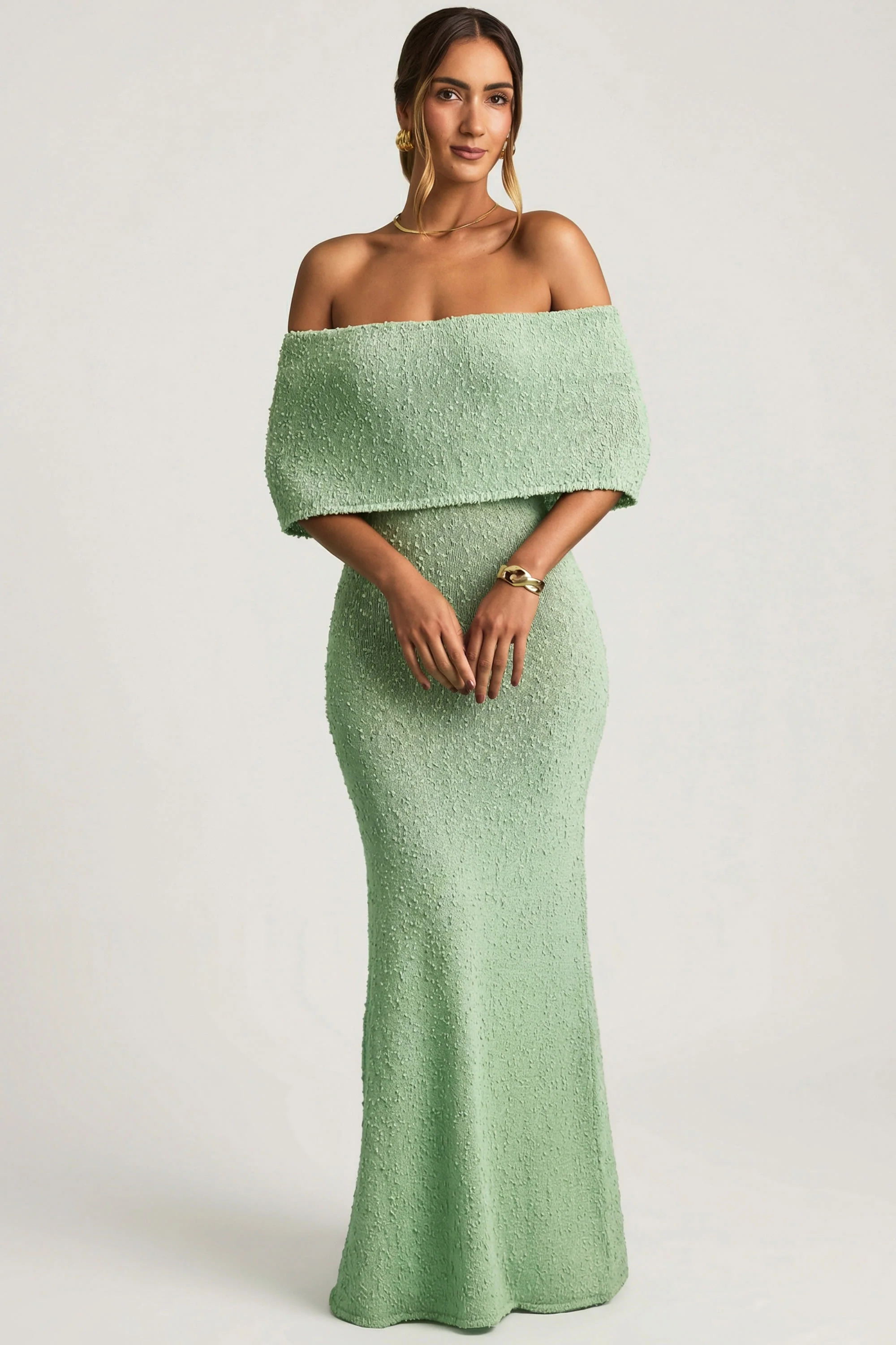 Bouclé Off-Shoulder Maxi Dress in Mint