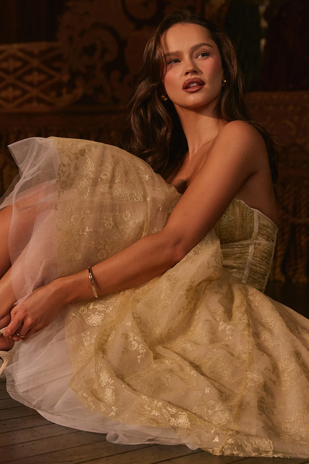 Gold Metallic Lace Tulle Midi Gown