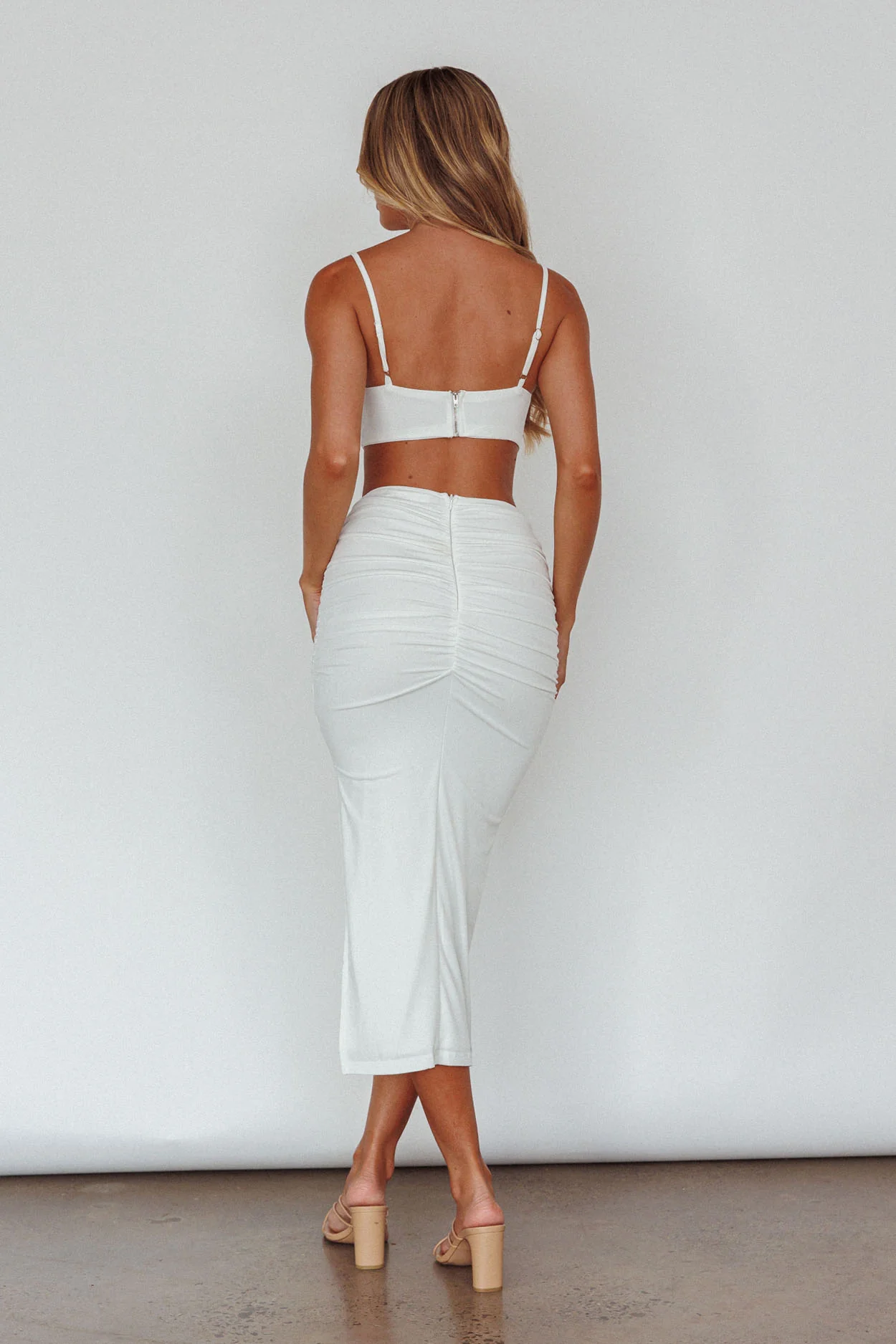 Mary Jane Gathered Bust Tie Back Midi Dress White