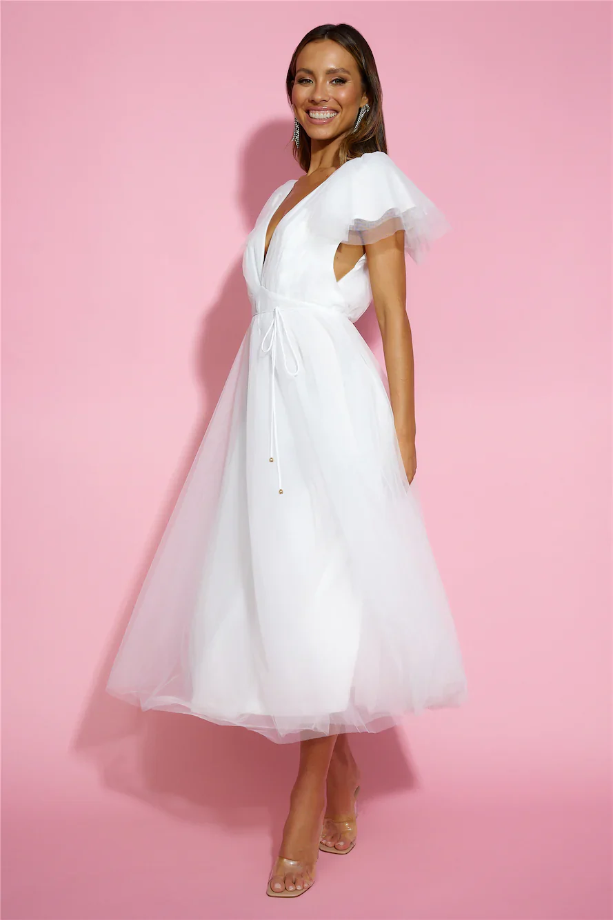 Bells Are Ringing Tulle Midi Dress White