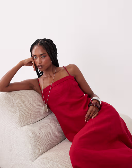 Mango 100% linen strappy maxi dress in red