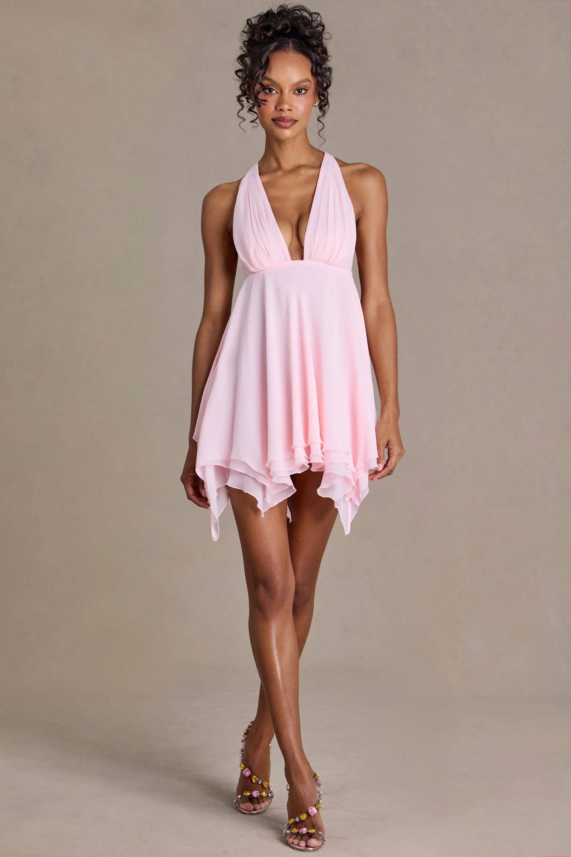 Chiffon Plunge-Neck Open-Back Mini Dress in Blossom