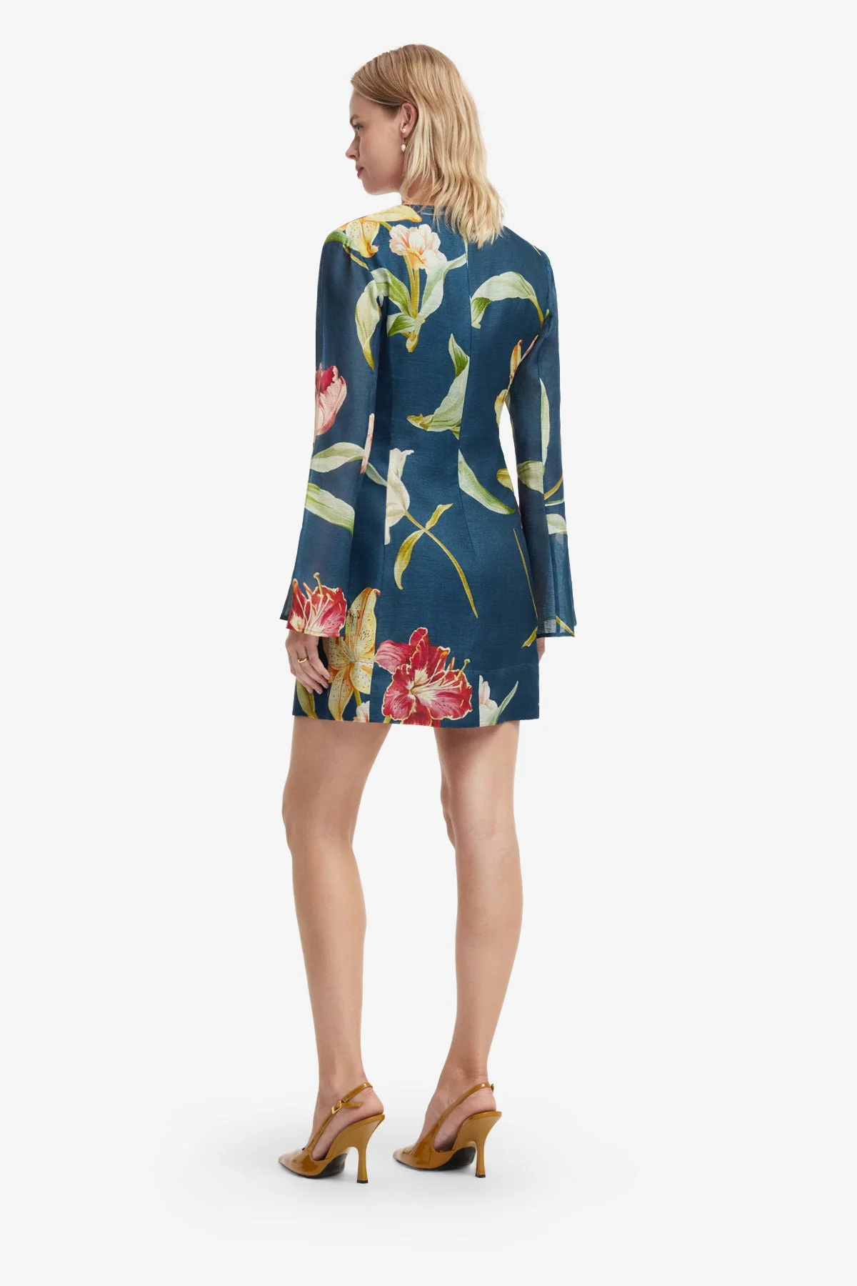 Suzanne Bell Sleeve Mini Dress - Lily Print in Indigo