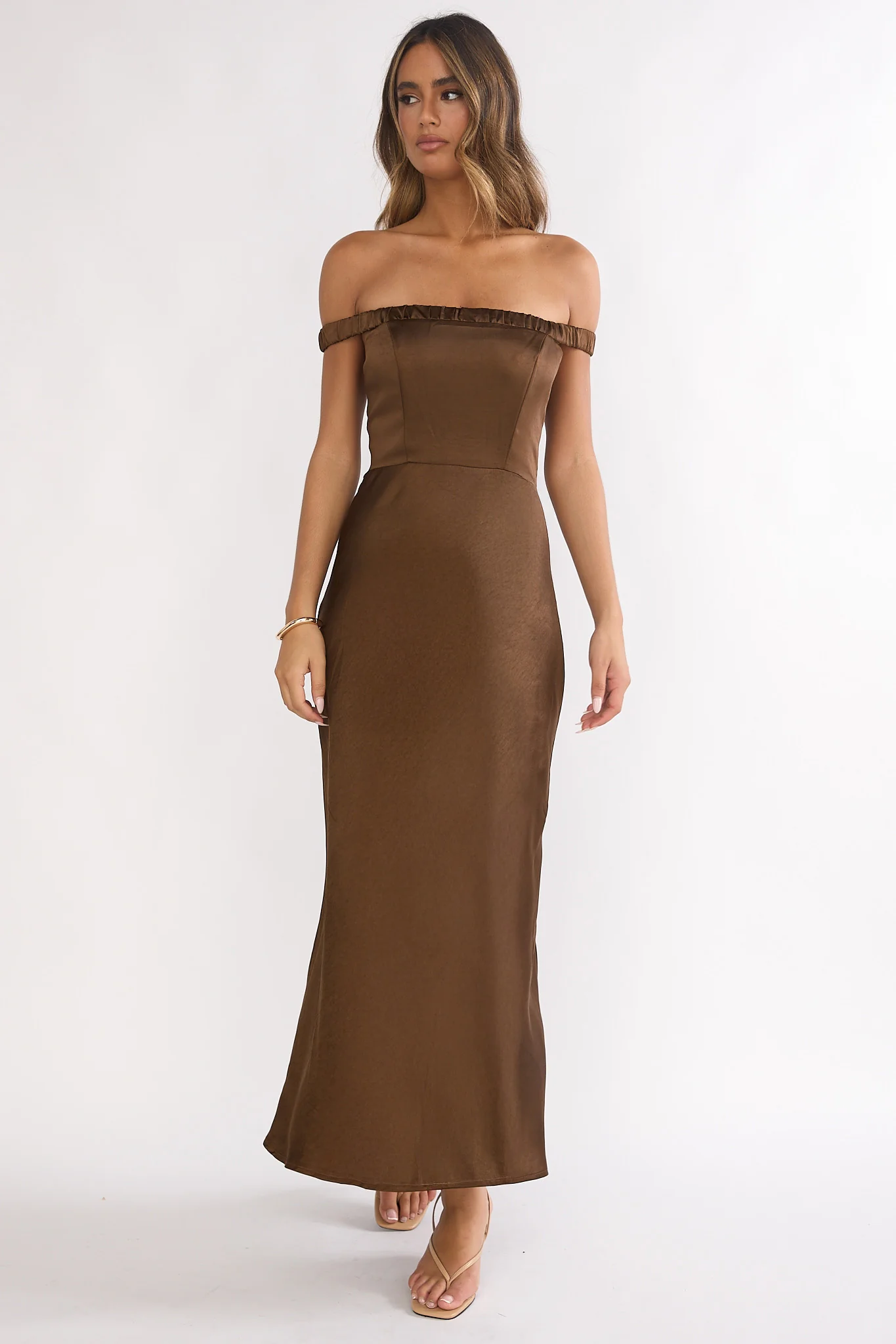 Cari Off-Shoulder Strap Maxi Dress Chocolate