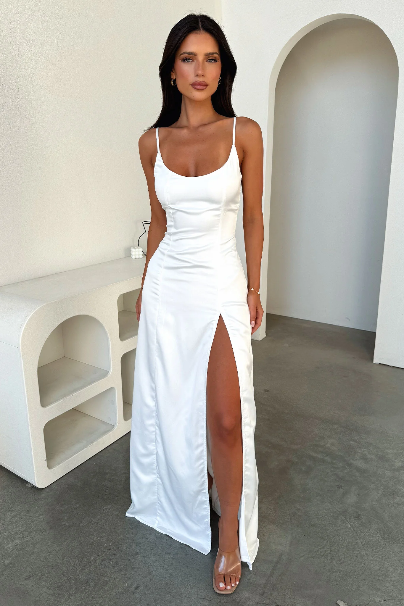 Violetta Scoop Neck Satin Maxi Dress - White