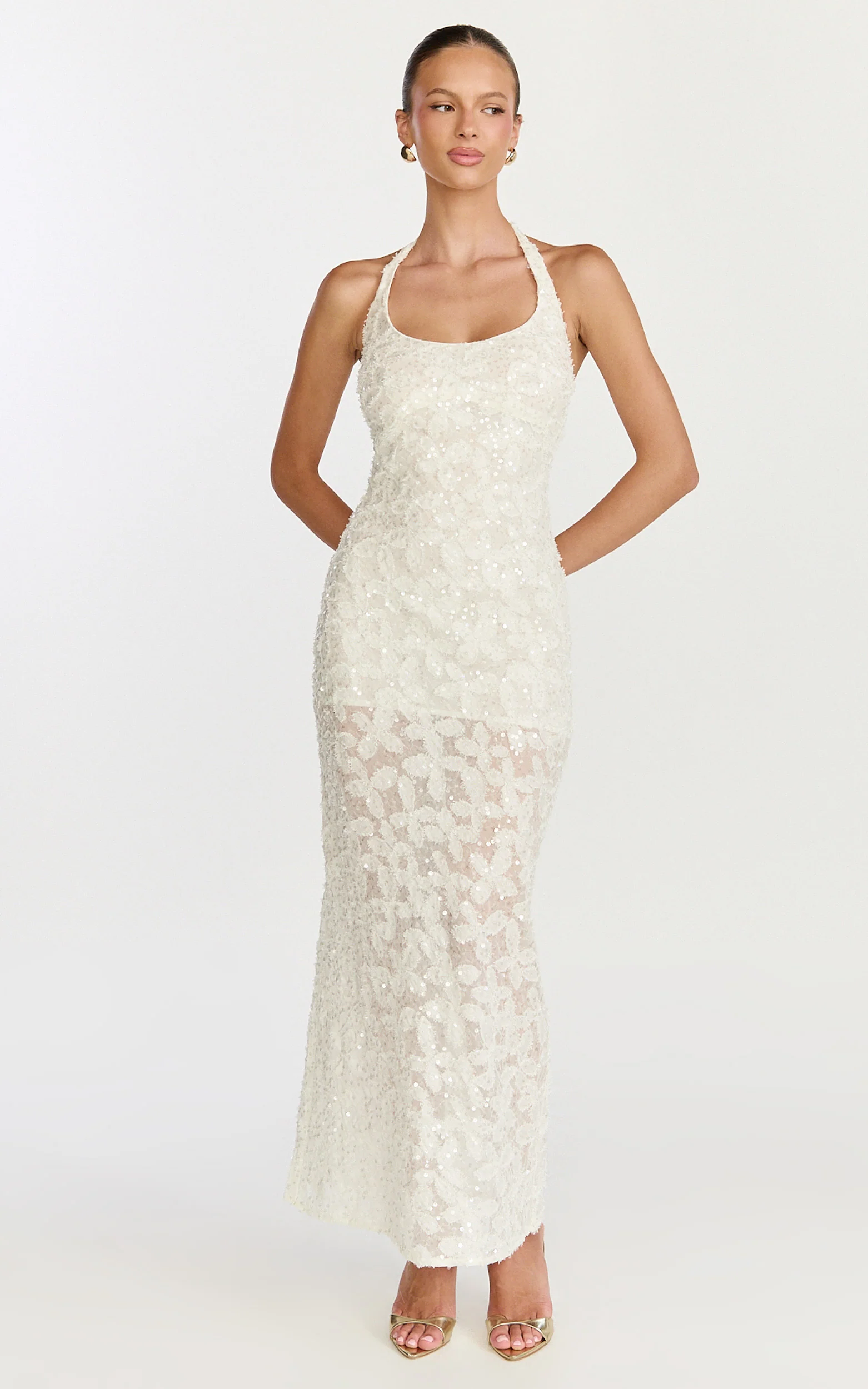 Benny Maxi Dress - Halter Neck Backless Bodycon Dress in Off White