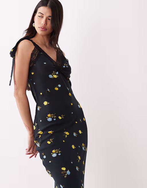 maxi slip dress with lace trim and ties in black floral