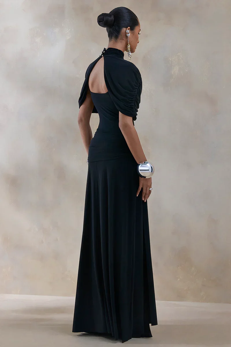 Evelisse | Black High-Neck Maxi Dress With Short-Cape Sleeves