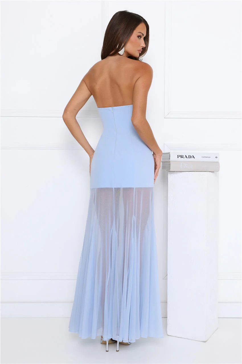 Dewkissed Bloom Strapless Maxi Dress Blue - luluinthesky
