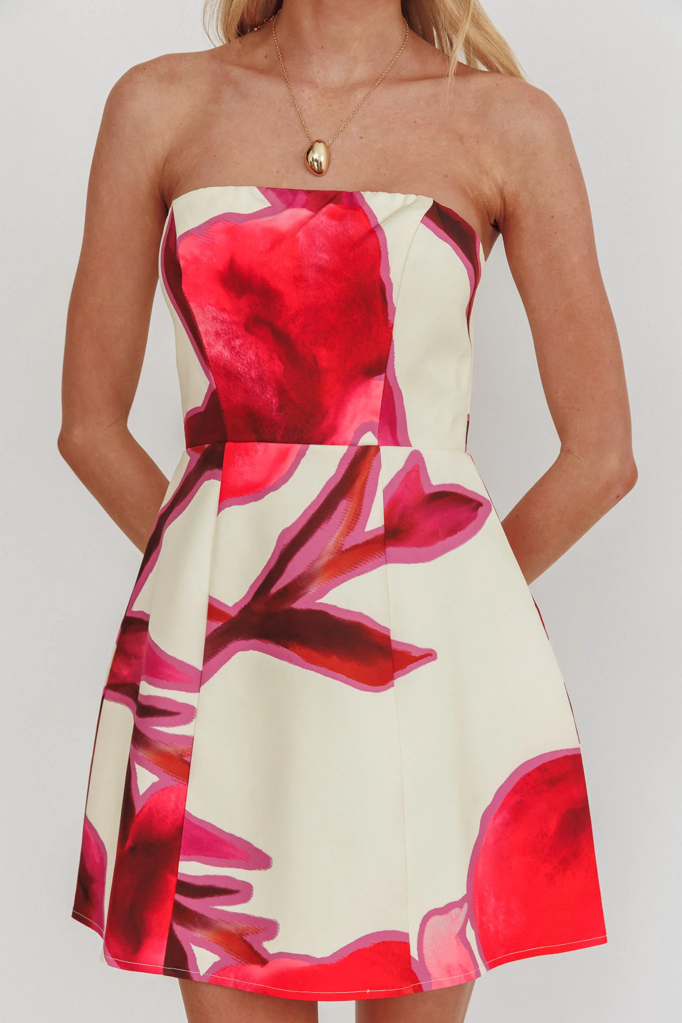 City Central Strapless A-Line Mini Dress Print Beige - luluinthesky