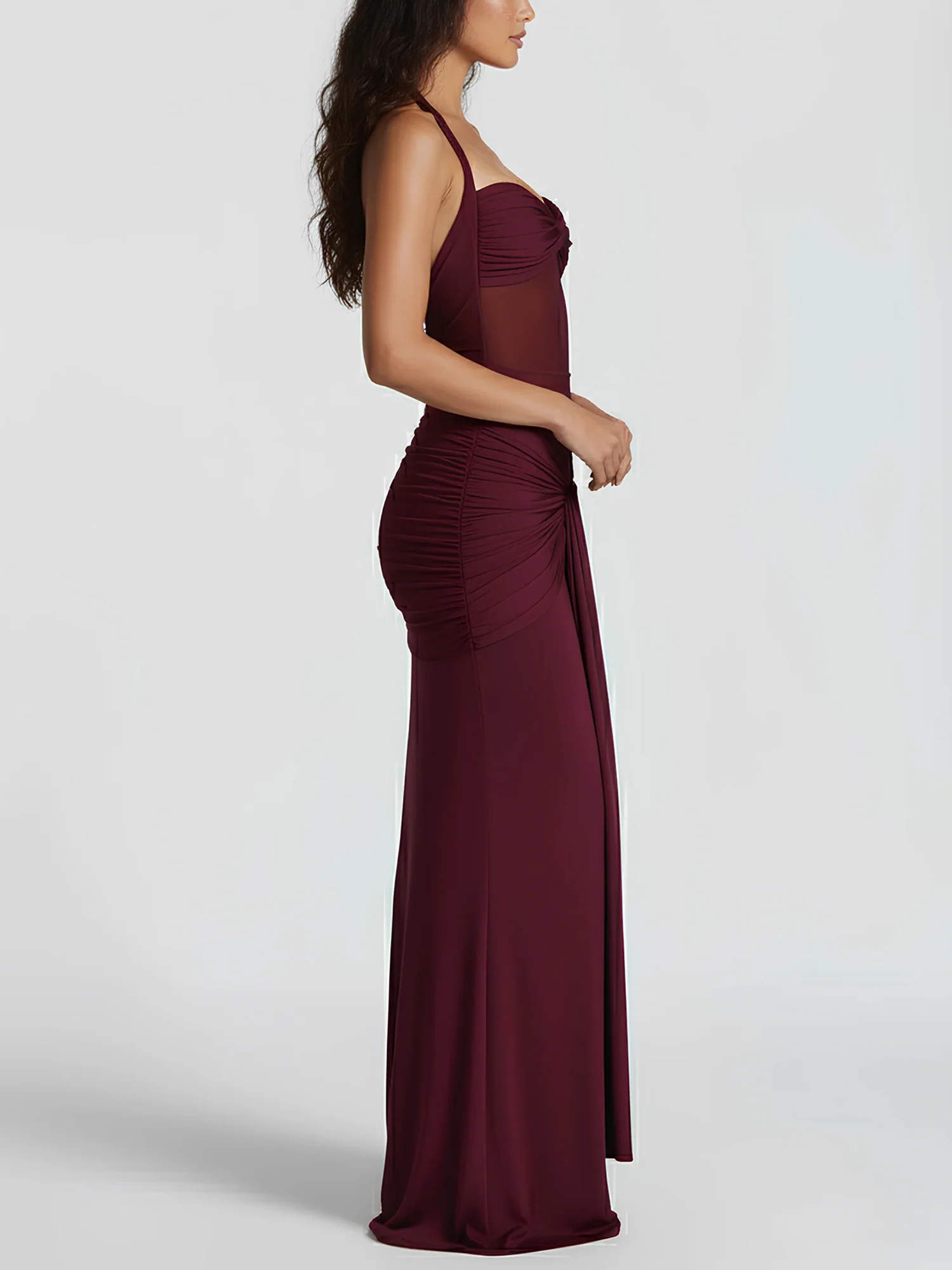 Black Draped Halter Maxi Dress Sheer Elegance