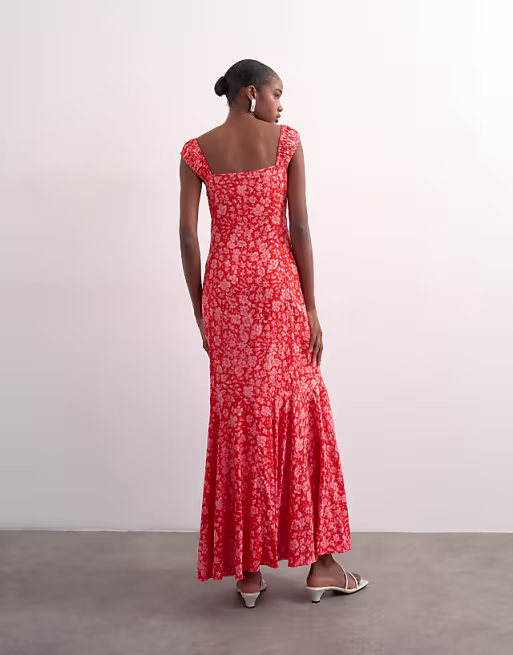 Topshop button front cap sleeve maxi sundress in red ditsy floral