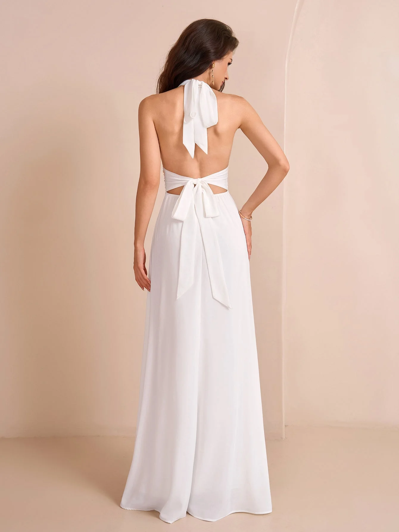 Deep V-Neck Halter Bow Tie Back Split Thigh Long Dress