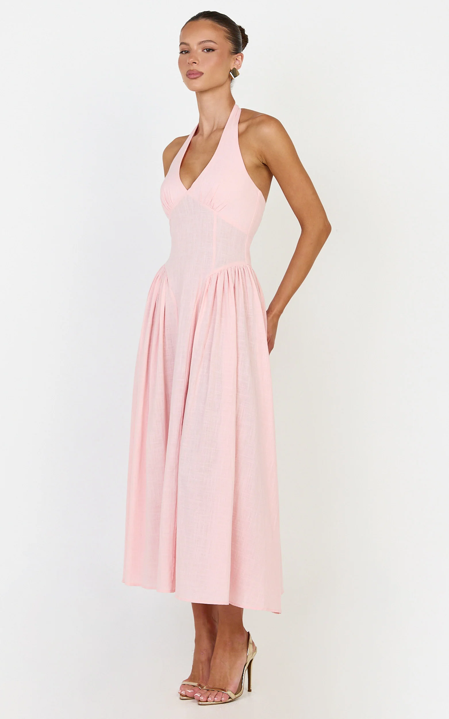 Athena Midi Dress - Halter Drop Waist Dress in Pink