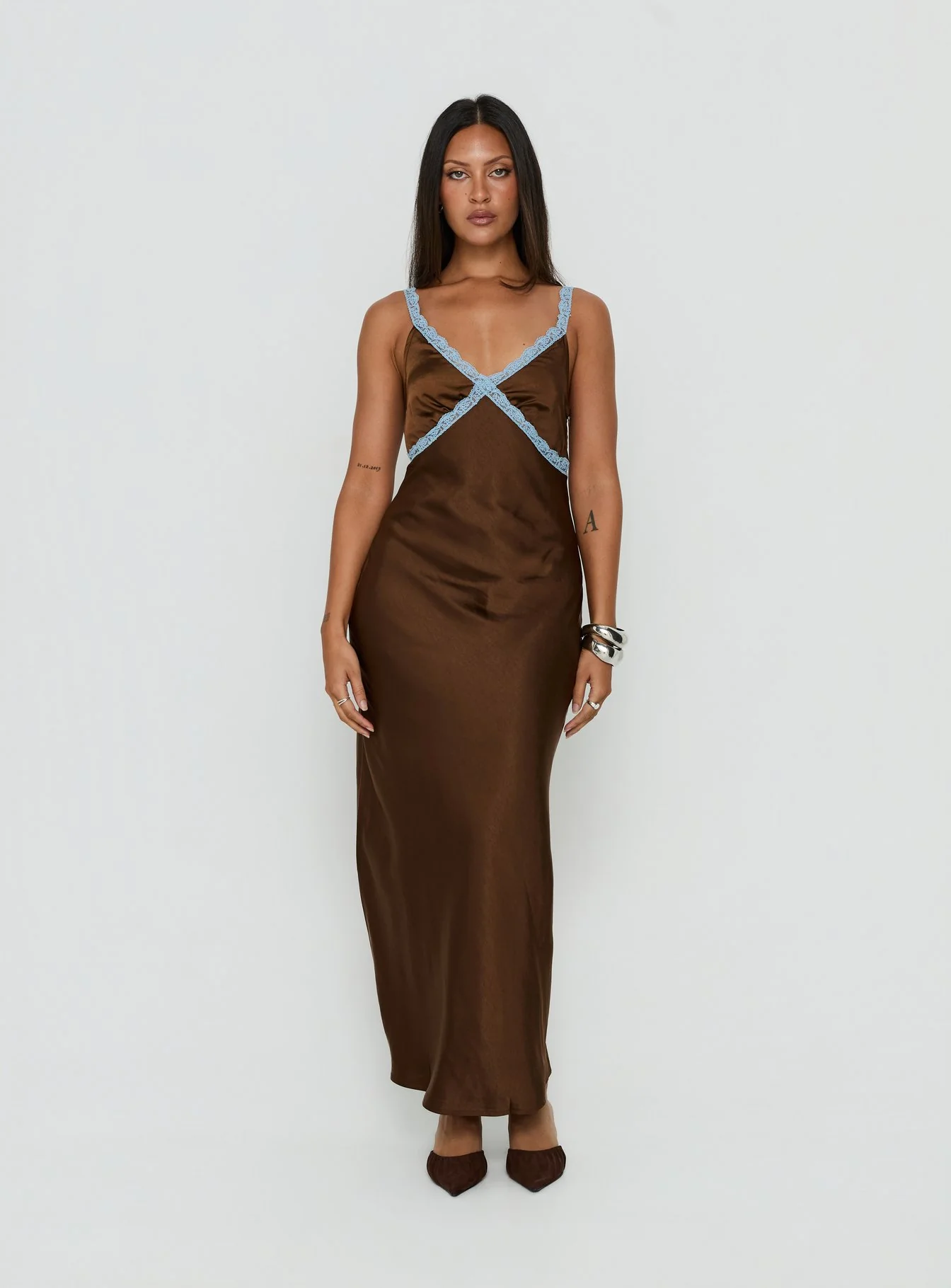 Carletta Lace Contrast Maxi Dress Brown / Blue