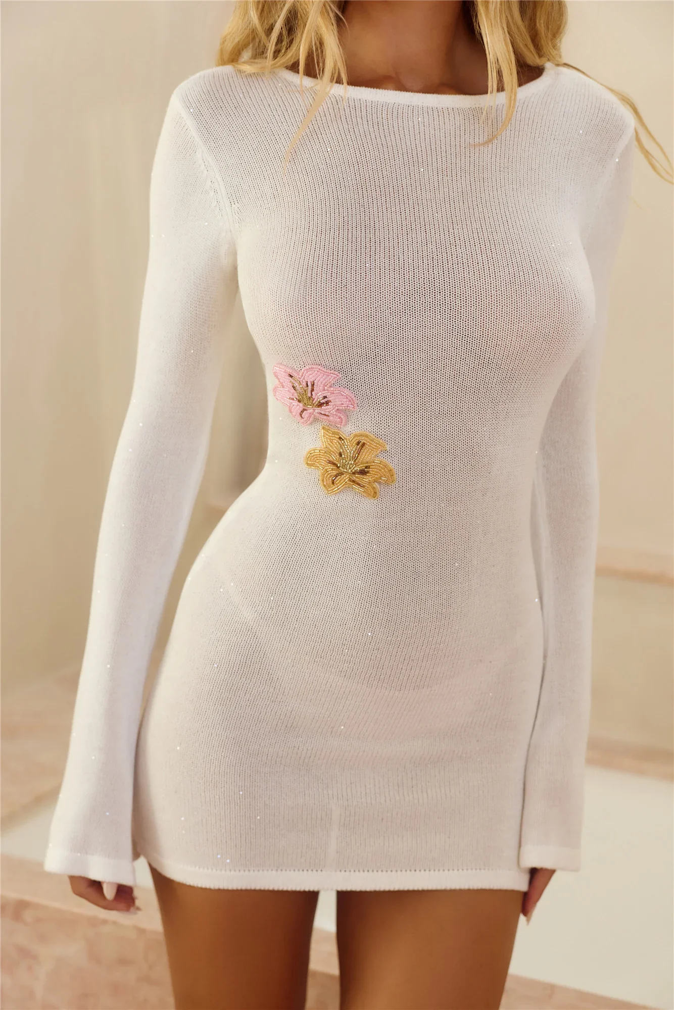Sun-Kissed Evenings Knit Long Sleeve Mini Dress White - luluinthesky
