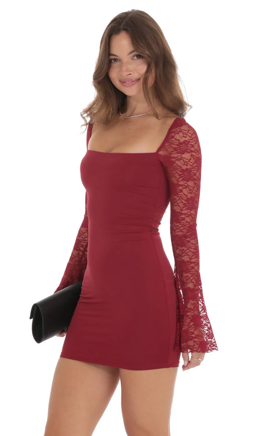 Lace Long Sleeve Bodycon Dress in Maroon - luluinthesky