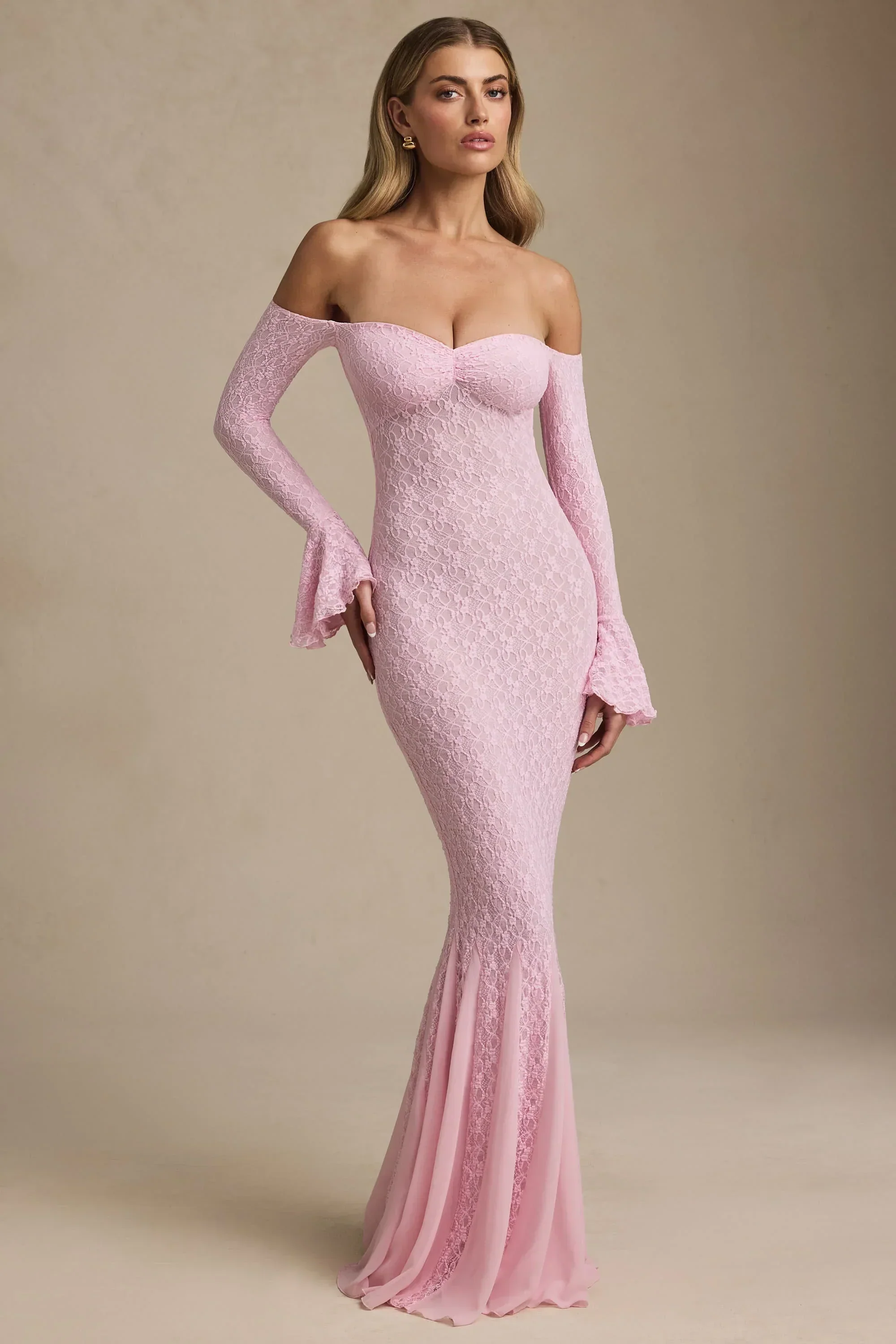 Off-Shoulder Ruffle Lace Maxi Dress in Soft Pink - luluinthesky