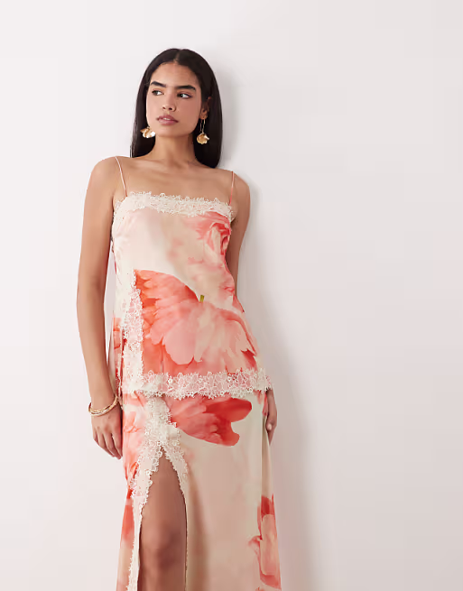 bias cut double layer lace appliqué satin cami maxi dress in orange oversized floral print