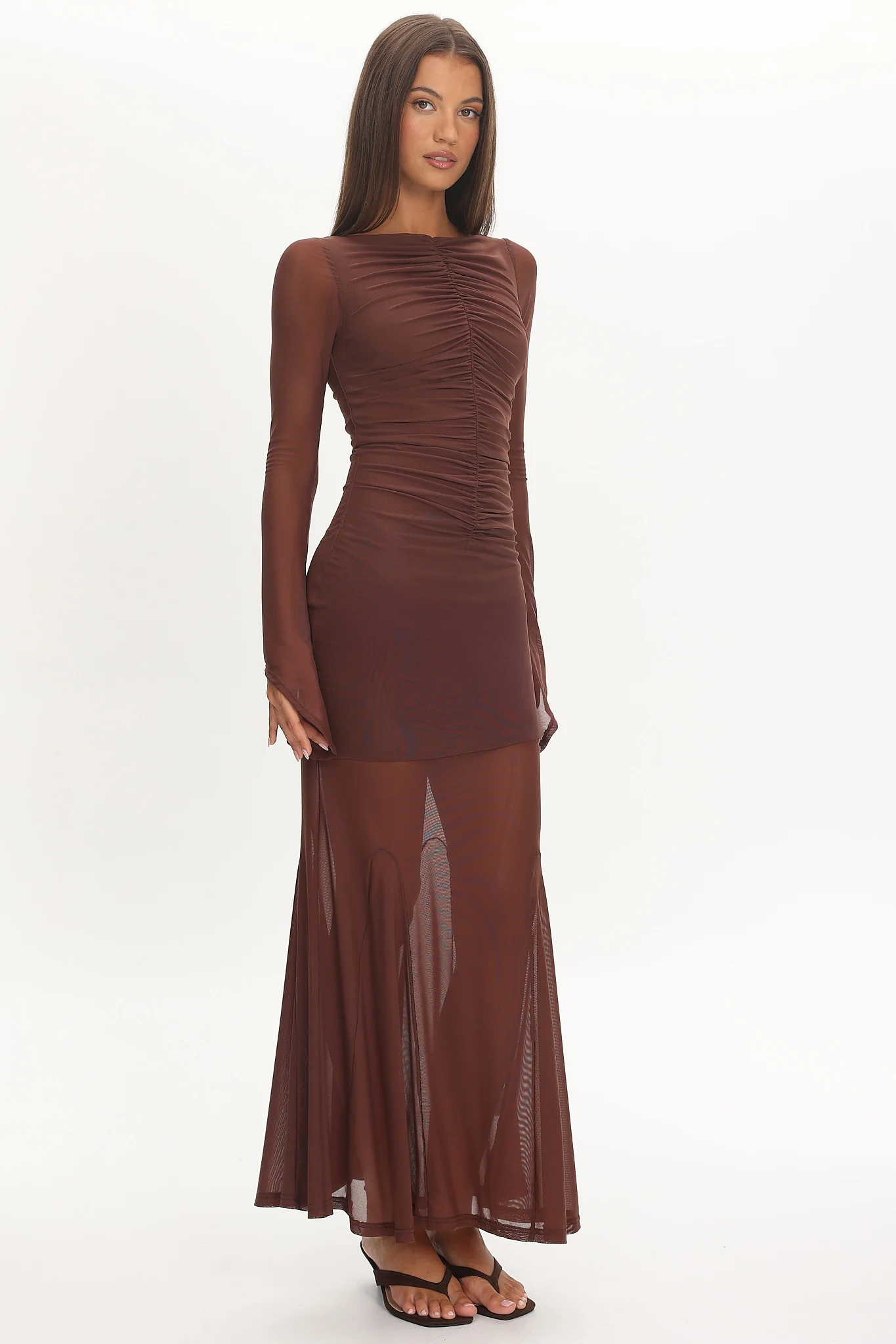 Luna Love Long Sleeve Mesh Maxi Dress Chocolate